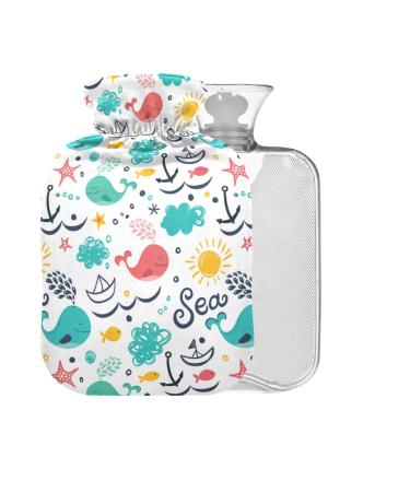 Ships Whales Hot Water Bottle without BAP with Cover 2L Large Hot Water Bag for Pain Relief Headaches Neck and Shoulders