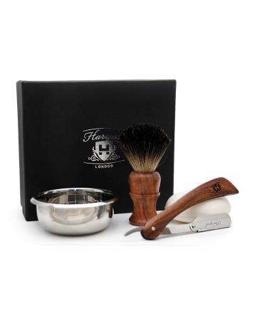 4 Pieces Men's Wooden Shaving Set Includes Pure Black Badger Hair Four Different Style of Hockey Razor (No Blades Included) to Choose Soap and Bowl Perfect Set for Men