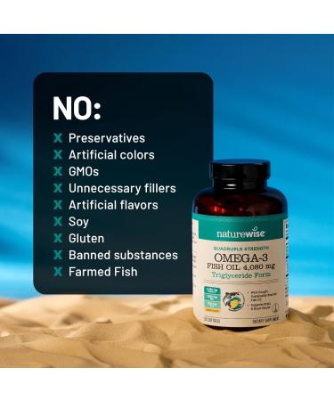 NatureWise Quadruple Strength Omega 3 Fish Oil 4080mg- Natural TG Form + Wild Caught - 2450mg Omega 3 + 1350mg EPA 900mg DHA - Burpless - Non-GMO & USA Manufactured - 120 Softgels 40 Day Supply  - Buy Online on GoSupps.com