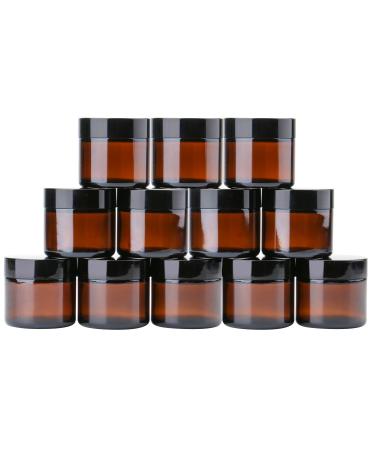 2 oz Round Glass Jars (12 Pack) - Empty Cosmetic Containers with Inner Liners, black Lids and Glass Sample Jars with lables (Amber) by THETIS Homes 12 Count (Pack of 1) Amber