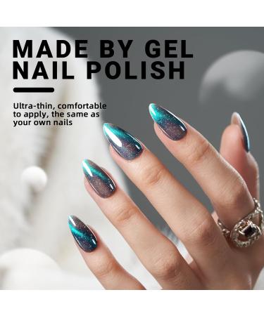 Cat Eye Press on Nails - Grey Almond with Green Glitter | 24 Pcs Handmade Fake Nails Kit for Women & Girls - Glossy Bling Salon Perfect - Buy Online on GoSupps.com
