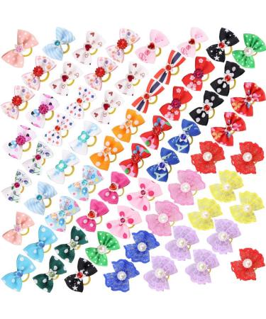 Comsmart 60Pcs Dog Bows, 30 Pairs Yorkie Dog Puppy Hair Bows with Rubber Bands & Rhinestone Pearls & Handmade Lace Fabric, Cute Pet Small Dog Hair Bowknot Grooming Accessories