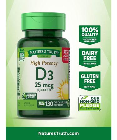 Nature's Truth Vitamin D3 1000 IU - 130 Softgels | High Potency, Non-GMO, Gluten-Free, Soy-Free - Buy Online on GoSupps.com