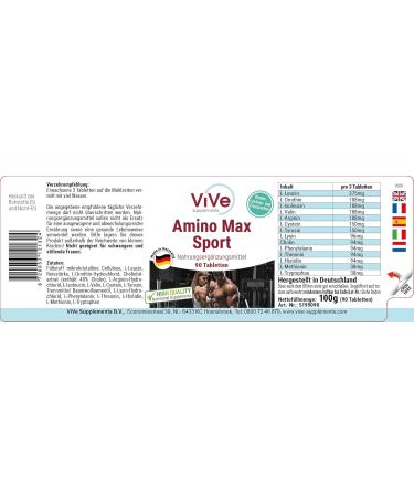 Amino Max Sport - 90 Tablets - 13 Essential Amino Acids - High Dose - Quality from Germany | Vive Supplements - Buy Now! - Buy Online on GoSupps.com