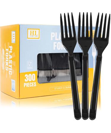 300 count Plastic Forks Disposable- HL HOME-LINK 7" Black Heavyweight Forks, Durable Extra Heavy Duty Forks, Sturdy Plastic Utensils for Parties, Catering Services, Family Gatherings (Black Forks)