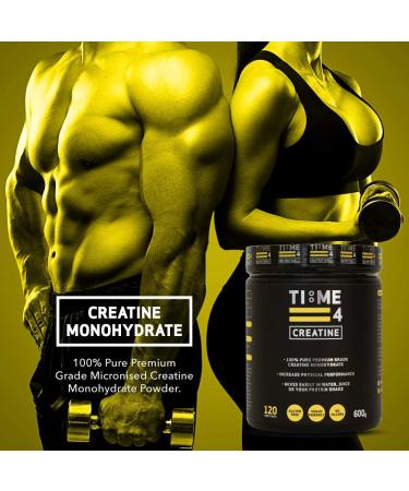 Time 4 Creatine Powder 600g - Micronised Monohydrate, 100% Pure Premium Grade, 120 Servings, Unflavoured, Easy-to-Mix, Vegan & Gluten-Free - Buy Online on GoSupps.com