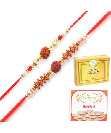 Ghasitaram Gifts Rakhi for Brother Rakhis Online - Set of 2 6142 6176 Rudraksh Rakhis with 200 GMS of Kaju katli and 200 GMS of Soan Papdi