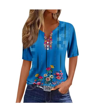 Womens Polo Shirts Short Sleeve Oversized V-Neck Pullover Printed Casual Shirt Top Loose Trendy Button Down T Shirt 3-blue Large