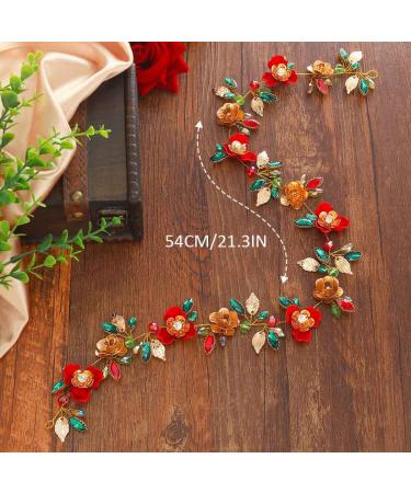 Red Flower Rhinestone Bridal Hair Vine | Gold Green Headband for Bride | Wedding & Evening Party Accessories - Buy Online on GoSupps.com