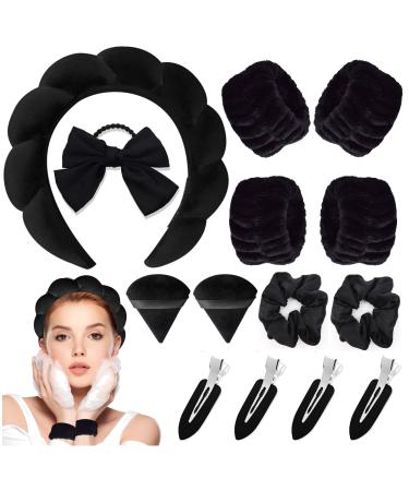 DOMUUH Wrist Towels for Washing Face  Wrist Bands and Spa Headband for Washing Face 14 piece Spa Wristband Head Band Set for Washing Face  Makeup  Skincare  Shower  Hair Accessories (Black)