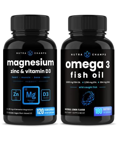 NutraChamps Magnesium Zinc & Vitamin D3 Capsules and Omega 3 Fish Oil Capsules 2 Pack Bundle