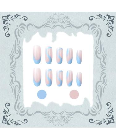 VOTACOS Medium Round Nude Fake Nails with Blue Wave Design - Glossy Full Cover Press on Nails for Women - Buy Online on GoSupps.com