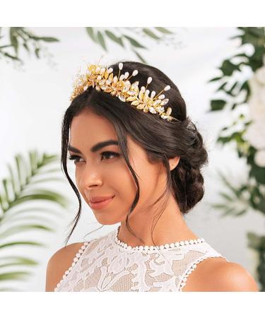 IYOU Bridal Wedding Headband Crown Gold Leaf Hair Bands Tiara Pearl Crystal Bridesmaid Bride Hair Accessories for Women - Buy Online on GoSupps.com
