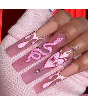 JUSTOTRY 24 Pcs Diamante False Nails Long with Snake Pink Matte French Press on Nails Patterns Ballerina Stick on Nails for Women Acrylic Coffin Fake Nails Medium with Glue for Nail Art snake&pink 1 - Buy Online on GoSupps.com