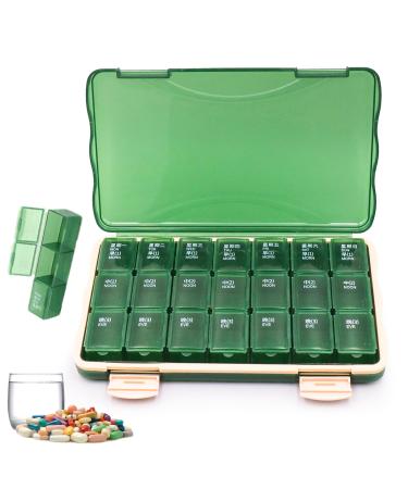 7 Day 21 Compartments Pill Box Compartmental Pill Box Weekly Pill Organizer Food Grade PP Plastic with Dustproof Function Can Store Granular Medicines (Green)