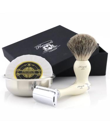 Men's Shaving De Safety Set with Black Badger Hair Brush Soap & Bowl + Pure Cow leather Razor Pouch.Perfect Set