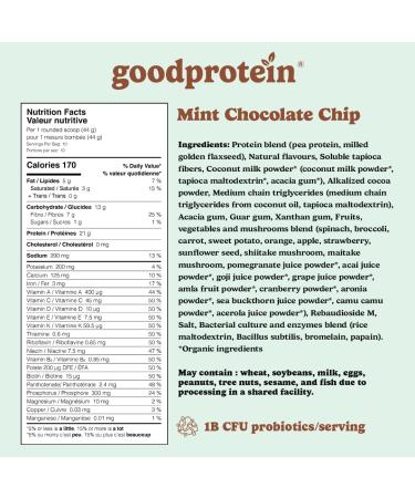 Good Protein Vegan Plant-based Protein Powder 100% Natural Non-GMO Dairy-free Gluten-free Soy-free No Added Sugar and Nothing Artificial. Mint Chocolate Chip All-in-One Shake 440 grams Mint Chocolate Chip 440 g - Buy Online on GoSupps.com