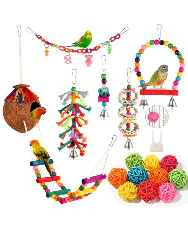 Bird Toys 17 Pcs Bird Parakeet Swing Chewing Hanging Toys Climbing Ladder Coconut Bird Cage Toys Suitable for Cockatiels,Conures,Finches,Budgie,Love Birds