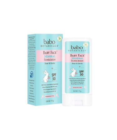 Babo Botanicals Baby Face Mineral Sunscreen Stick SPF 50  with 70+% Organic Ingredients & Zinc Active  Water-Resistant, Reef-Friendly & Fragrance-Free  0.6 oz., 1-Pack 0.6 Ounce (Pack of 1)