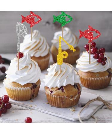 Fishing Cupcake Toppers Fish Cupcake Toppers Trammel/Fishing Net/Fishing Rod Sign Dessert Picks Fisher Fisherman Birthday Party Decoration - Green & Gold Glitter - Buy Online on GoSupps.com