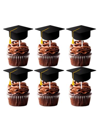 18pcs Yellow Glitter Cap Dessert Cupcake Topper Congrats Grad 2024 Theme Decorations 2024 Preschool High School College Graduation Party Decor Supplies