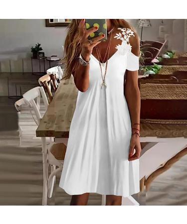 Women's White Feather Print Summer Dress with V Neck and Cold Shoulder - Size Large - Buy Online on GoSupps.com