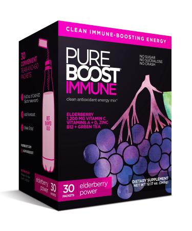 Pureboost Immune Clean Energy Drink Mix: Immunity Supplement with Elderberry 1200 mg Vitamin C Vitamins A + D Zinc 28 Vitamins Minerals and Supernutrients (Elderberry Power 30 Count)