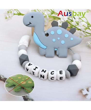 Personalized Stegosaurus Grey Teether Stroller Clip with Name | Custom Baby Toy Holder - Buy Online on GoSupps.com