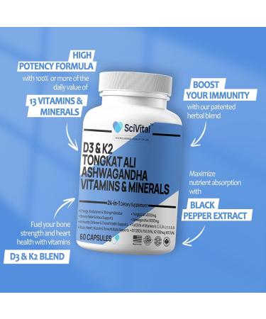 SciVital Ashwagandha 10000mg Tongkat Ali 40000mg Supplement with Multivitamin D3 K2 - Men's Health & Stress, Mood, Energy, Endurance Support - Ashwagandha Capsules Tongkat Ali for Men USA - 60 Count - Buy Online on GoSupps.com