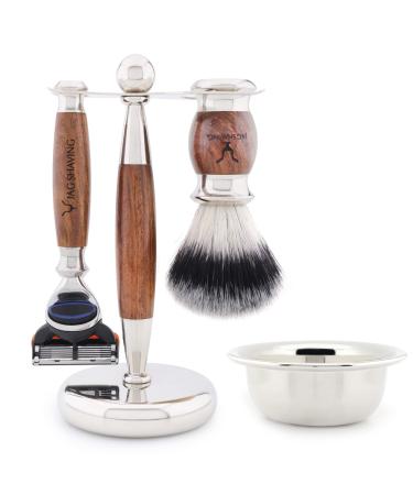 JAG Shaving Razor Set - Jag's Lee Range 4 -part shaving set - synthetic silver spitzhaar shaving brush - 5 razor blades shaving racks made of stainless steel and wood - shaving bowl - wood set