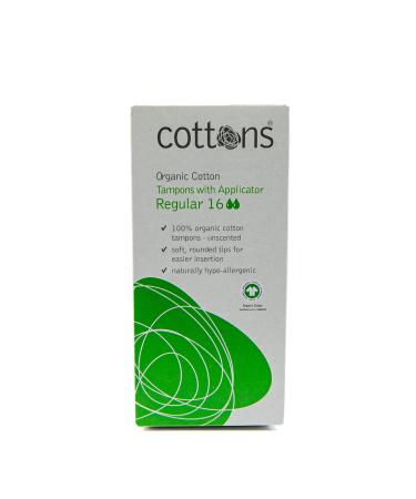 Cottons Organic Cotton Tampons w/Applicator 16-Individually Wrapped Unscented Regular Absorbency (Single Pack)