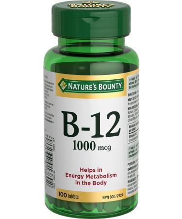 Nature's Bounty Vitamin B12 1000mcg 100 Tablets Helps the Body Metabolize Carbohydrates Fats and Proteins Helps in Normal Immune System Function and to Metabolize Energy Multi-colored (Packaging May Vary)