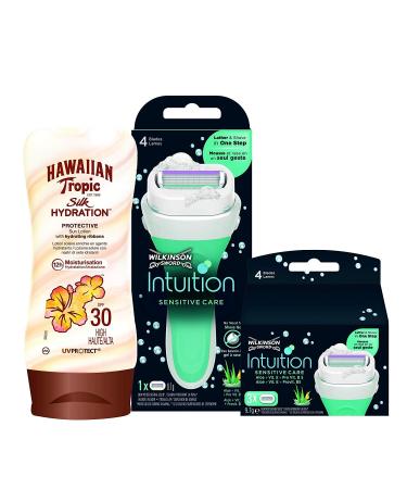 Wilkinson Sword - Intuition sensitive care razor for women + 3 razor blades refill + Hawaiian tropic SPF30 Silk Hydation Sun protection