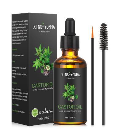 Xins-Yonha Castor Oil Hair Growth Organic Castor Oil for Eyebrows Hair Growth Serum Eyelash Growth Serum Pure Cold Pressed Lash Growth Serum Skin Care Ricin Oil With Eyebrow & Eyeliner Brush (50ml) D-50ml