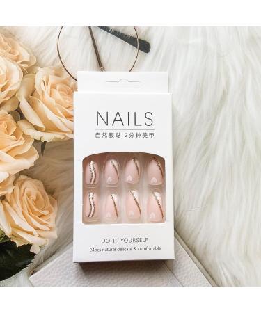 Pink Short Almond Press on Nails with White Heart Design - 24Pcs | Glossy Acrylic Fake Nails for Women and Girls - Buy Online on GoSupps.com