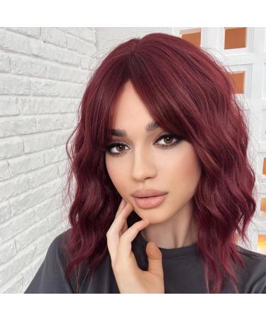 WOKESTAR Bob Curly Wig with Fringe Short Synthetic Wavy Wigs for Women Wine Red Color 12 inch Wine Red
