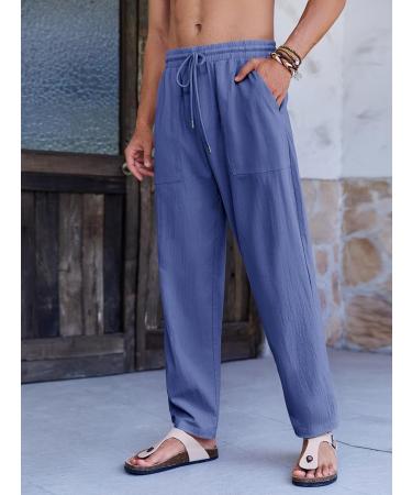 Men's Cotton Jogging Pants - Lightweight Summer Casual Beach Trousers with Pockets | Yoga Sports Pants - Size M Blue - Buy Online on GoSupps.com
