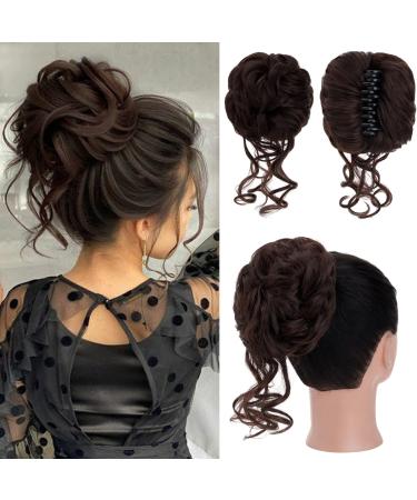 S-Noilite Claw Clip Messy Bun Hair Pieces Tousled Updo Hair Bun Hair Chignon Curly Wavy Hair Scrunchies Synthetic Ponytail Hair Extensions for Women - Chestnut Brown M4