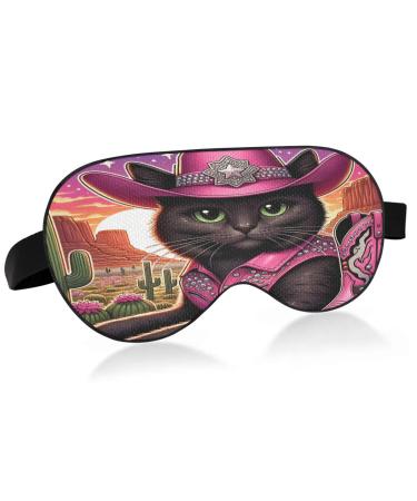 Pink Desert Cowgirl Cat Sleep Mask Light Blocking Eye Mask for Sleeping with Adjustable Strap Cartoon Soft Lightweight Eye Cover Blindfold for Men Women Work Travel Naps