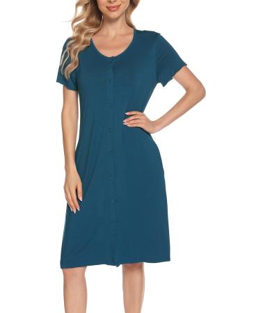 Lovasy Women's Button-Down Maternity Nightdress with Pockets | Soft Nighties for Nursing Labour in Blue Green M - Buy Online on GoSupps.com