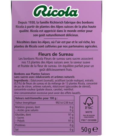 Ricola - Bonbons aux Plantes Suisses - Parfum Fleurs de Sureau - Rafra chissant - Sans Sucres - Bo te de 50g - Buy Online on GoSupps.com