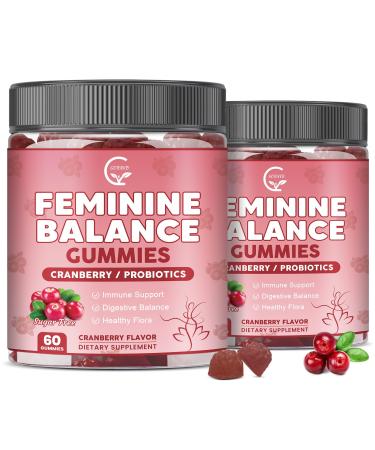 (2 Pack) Premium Feminine Balance Gummies for Women Support pH Balance & Vaginal Probiotics Health Gummies with Cranberry Pineapple Powder D-Mannose Sugar Free Gluten Free Vegan 60 Count (Pack of 2)