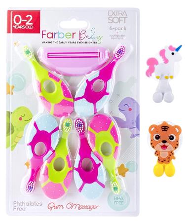 Farber Baby Toddler Toothbrushes Set  Infant Toothbrush 6 Pack with Compact, Soft Bristles and Easy Grip Handle Includes 2 Suction Cup Toothbrush Holders and Toothpaste Squeezer (Pink) 9 Pack - Pink