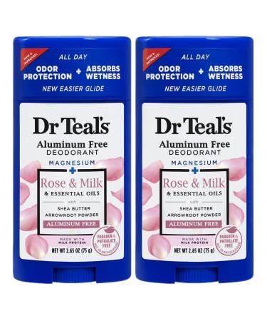 Dr. Teal's Rose & Milk Deodorant Gift Set (2 Pack 2.65oz Ea) - Rose & Milk Formula - Aluminum Free with Magnesium - Essential Oils Shea Butter & Arrowroot Powder Absorb Moisture Keep Skin Healthy