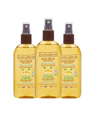 EVOLUDERM - Sublimating Dry Oil with Monoï - 125 ml - 95% Natural Origin - Vegan - Made in France - Face, Body and Hair Care - Hydrates - Sublimes - Non-Greasy - Pack of 3 x 125 ml