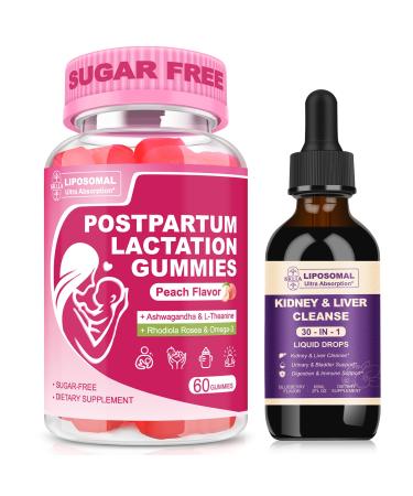 SKLIA Liposomal Lactation Support Gummies + 30-in-1 Kidney & Liver Cleanse Drops Bundle | Postpartum Balance Milk Support & Daily Detox Wellness | Peach & Blueberry Flavors 2-Pack