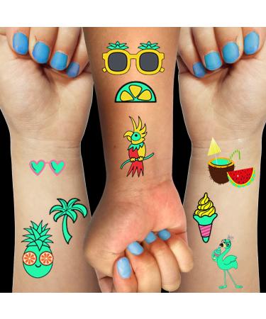 Luminous Temporary Tattoos Stickers for Kids 113 Pieces Mixed Style Glow In The Dark Summer Slipper Sunglasses Ice Cream Flamingo Pineapple Tattoos Hawaii Beach Glow Party Supplies Gifts for Children Boys Girls Summer Be...