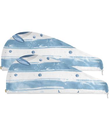 Super Absorbent Whale Striped Hair Towel 2 Pack - Quick Dry Hair Turbans for Women & Girls - Light Blue & White - Buy Online on GoSupps.com