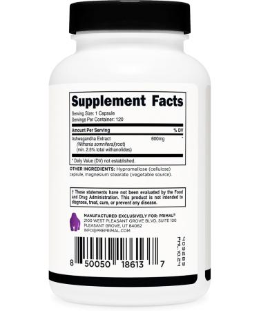 Primal Ashwagandha Root Extract 120 Capsules 600mg per Serving - Gluten-Free GMO-Free - Buy Online on GoSupps.com