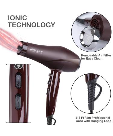 Xpoliman Professional Salon Hair Dryer - 2000 Watt AC Motor, Negative Ionic, 2 Speed 3 Heat Settings, Diffuser & Concentrator Comb - Brown/Purple - Buy Online on GoSupps.com